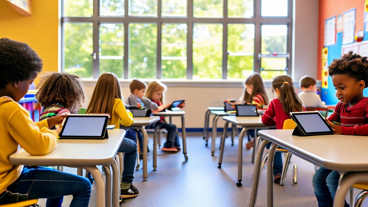 Blog article image — — diverse classroom of students engaged with tablets, warm natural light