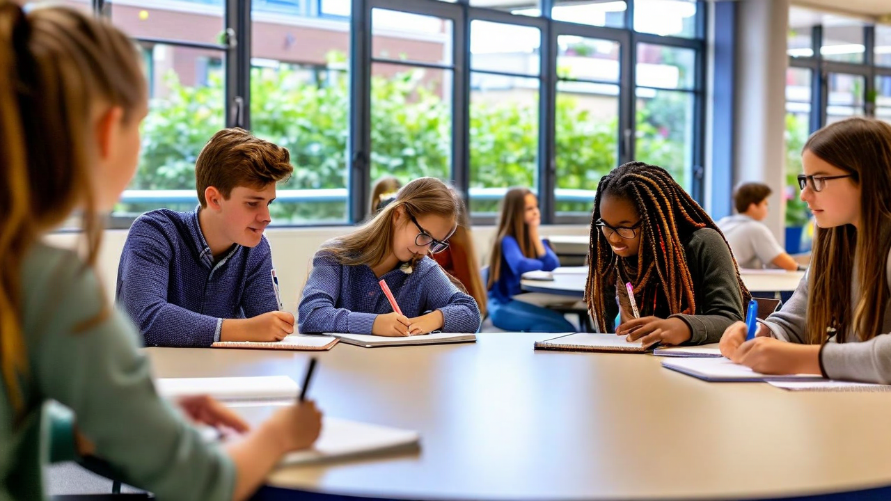 Blog article image — — students engaged in group work, teacher observing
