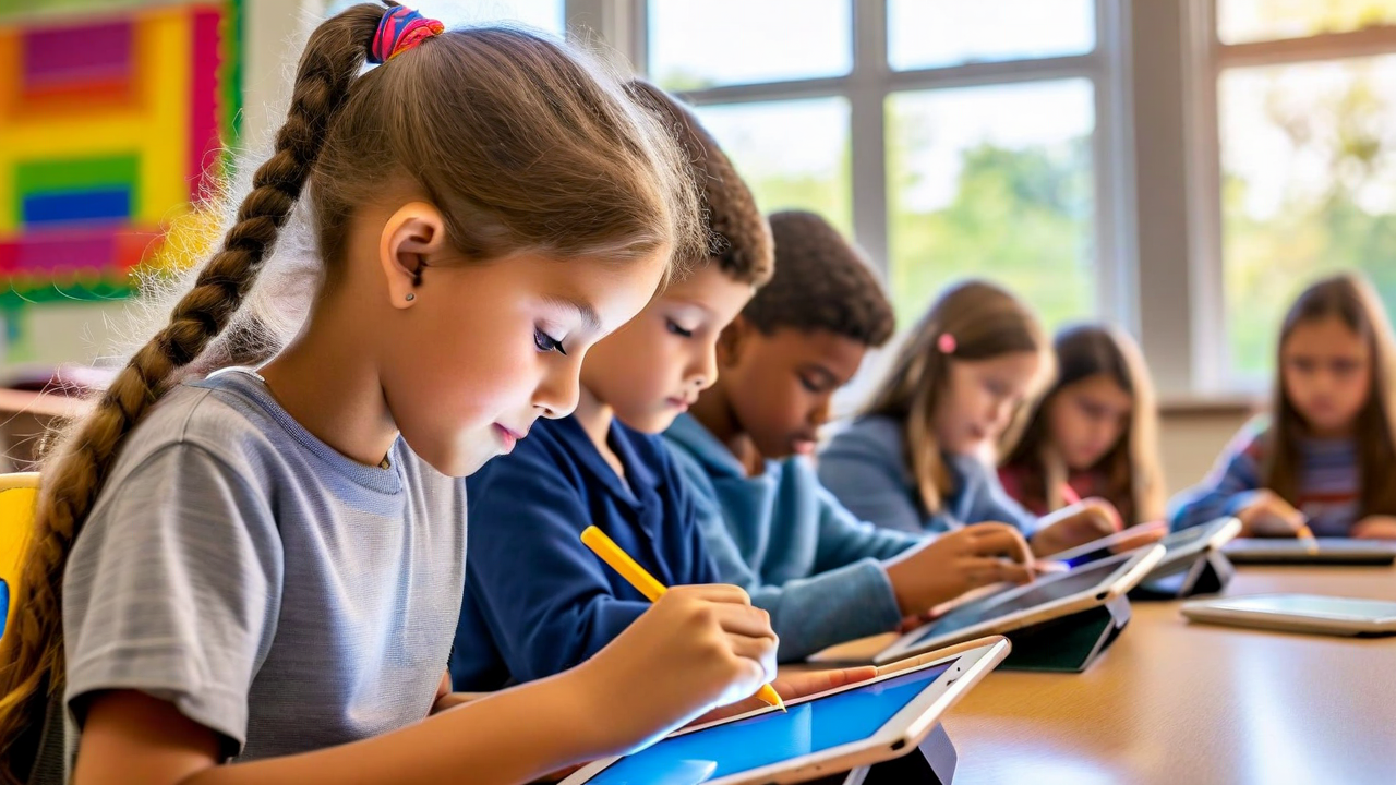 Blog article image — — students working on tablets in a bright classroom