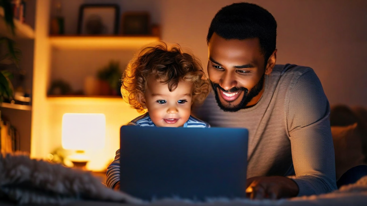 Blog article image — — parent and child looking at a laptop together at home, warm light