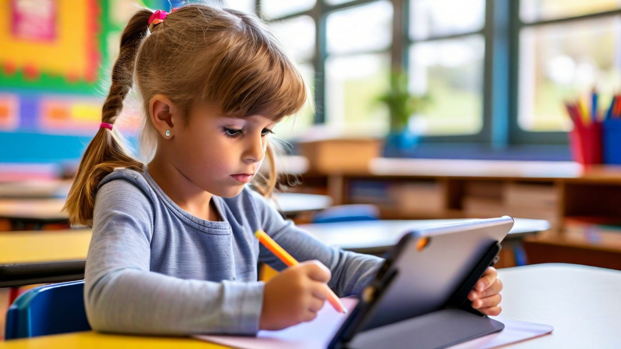 Blog article image — — child working focused on a tablet at a school desk